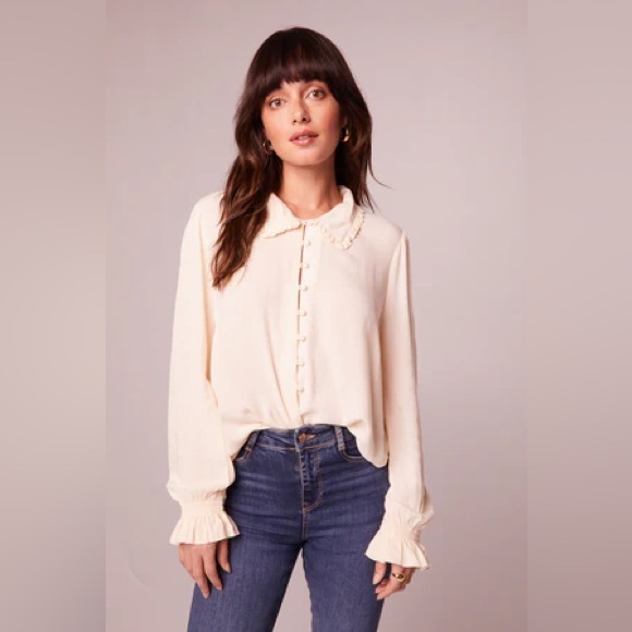 NWT Band of The Free DENISE CREAM RUFFLE COLLAR TOP with Cuffed Sleeves - Picture 1 of 5
